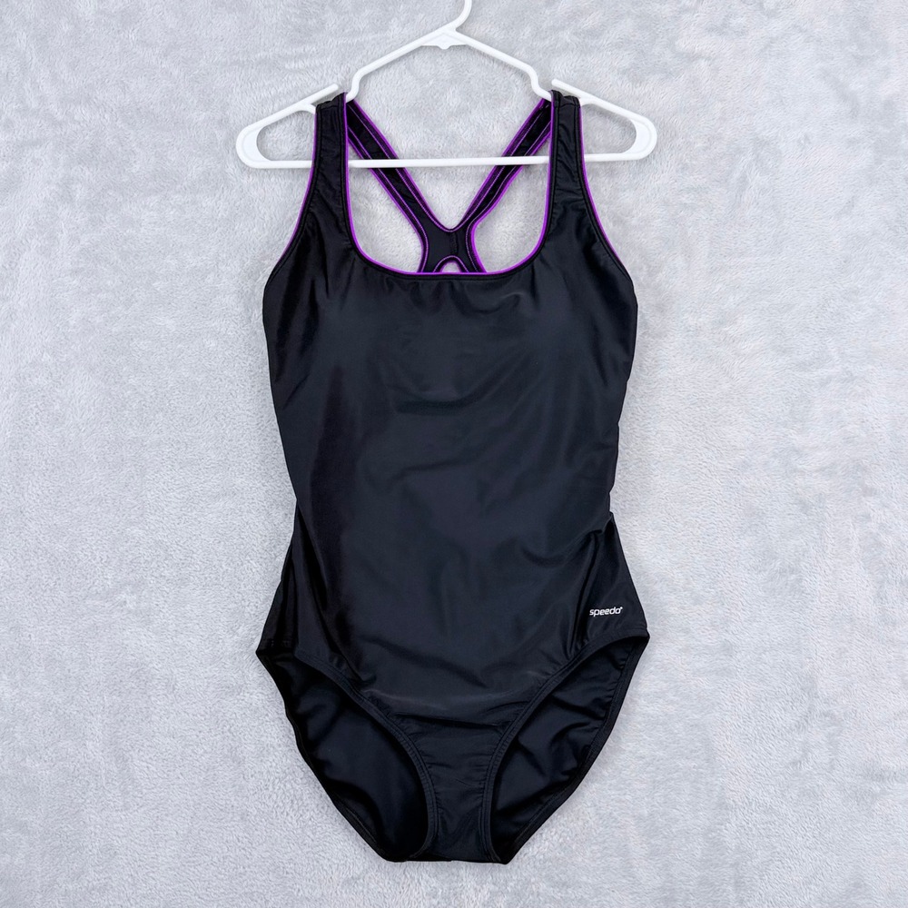 Speedo Ultraback Swimsuit Womens 16 Black Purple Racerback One Piece 7228400